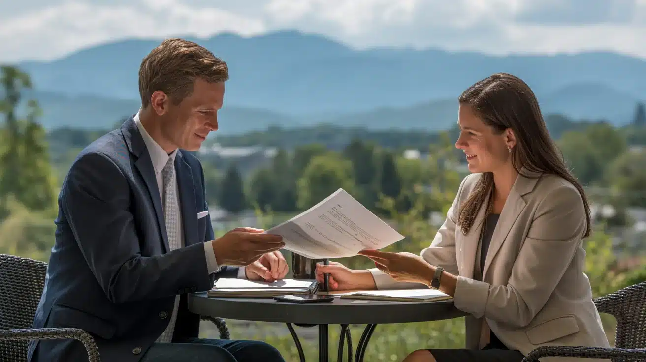 Couple signing estate planning documents at home