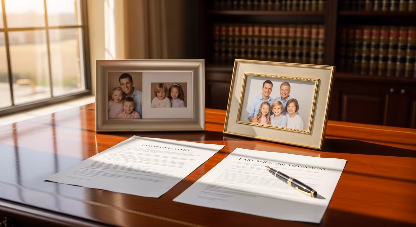 Blended family photos on law office desk alongside last will and testament documents in NC