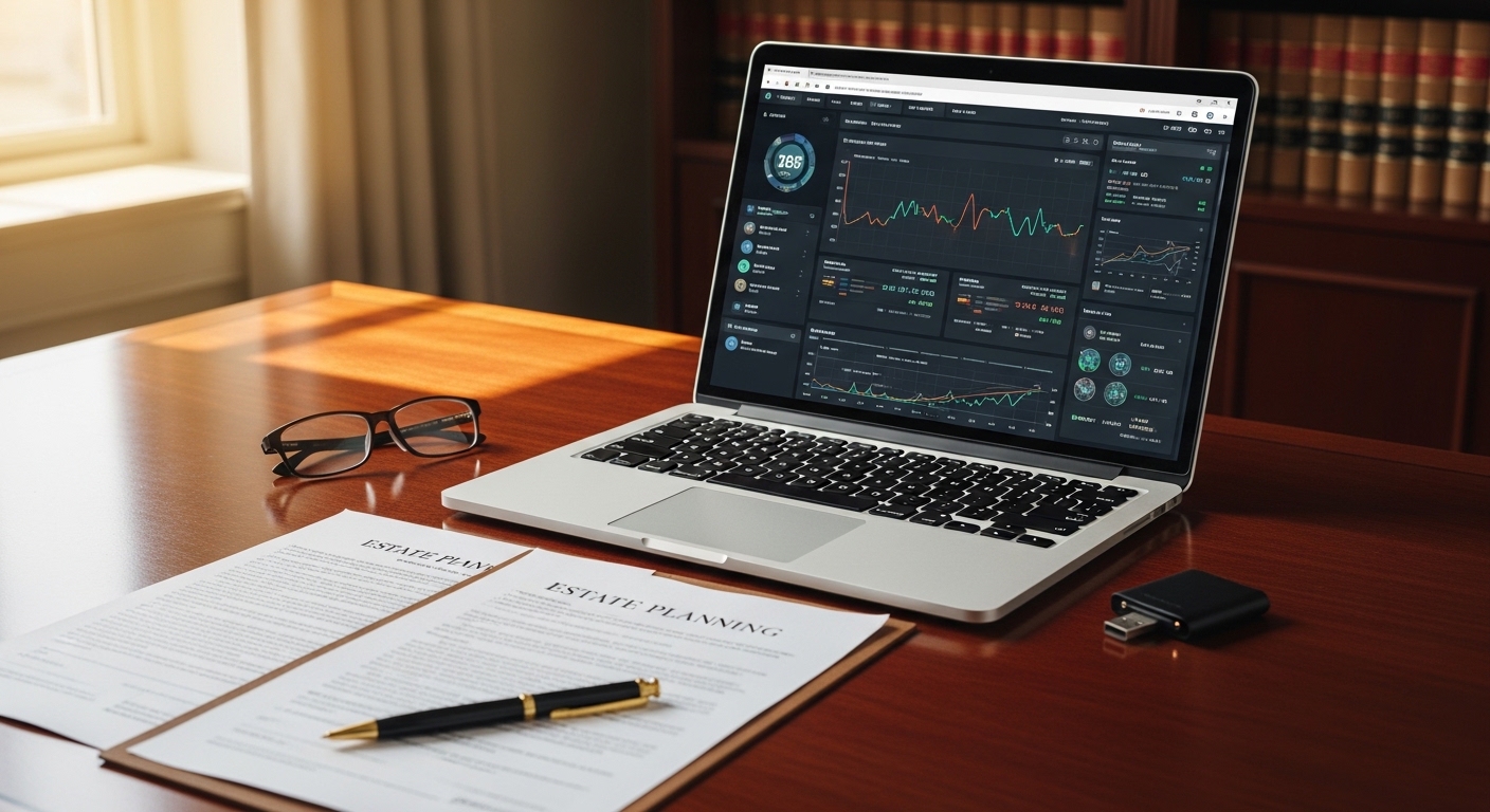 Cryptocurrency estate planning with open laptop and USB hardware wallet alongside will documents