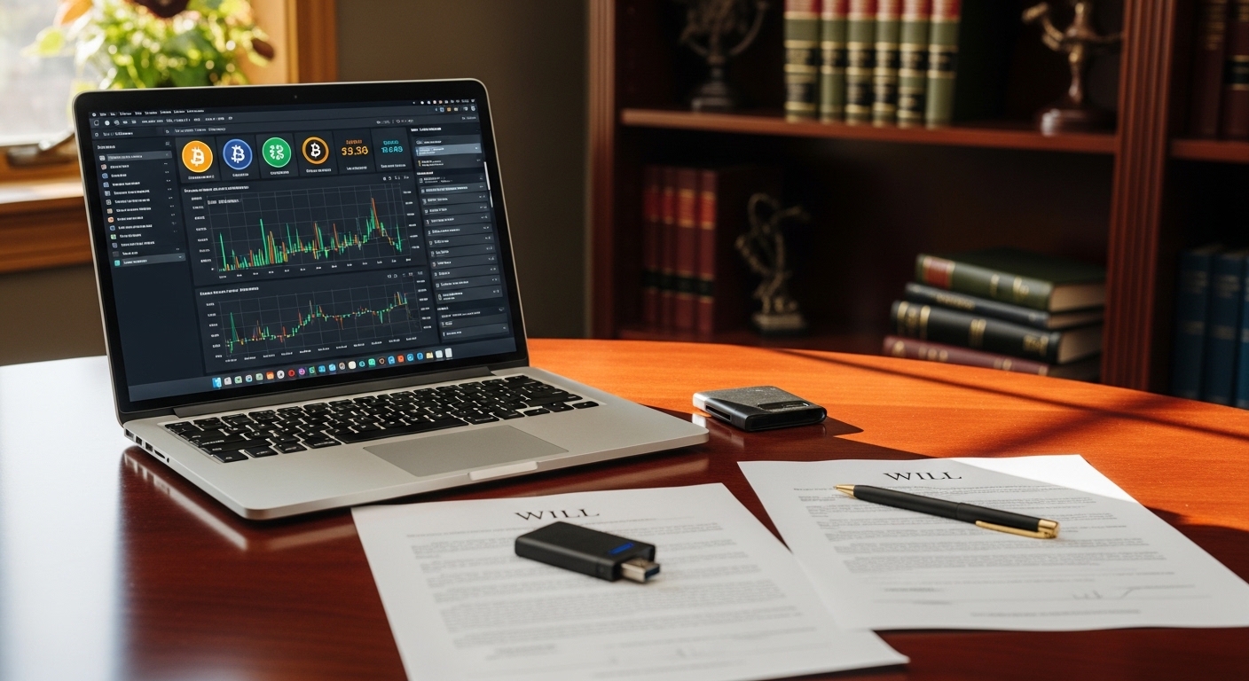 Digital legacy planning with laptop showing Bitcoin portfolio and estate documents in NC law office