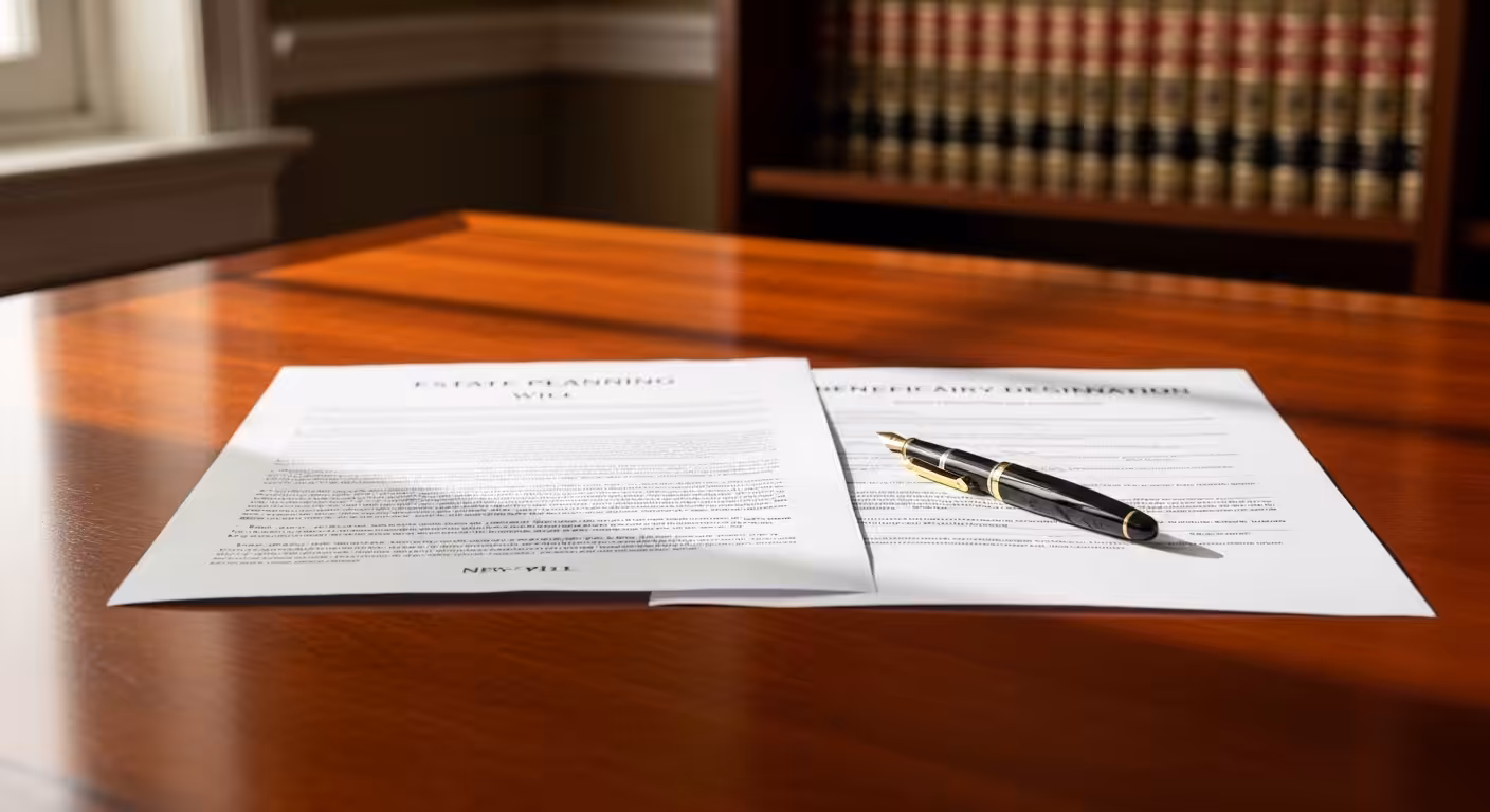 Estate planning legal papers with fountain pen representing post-divorce update