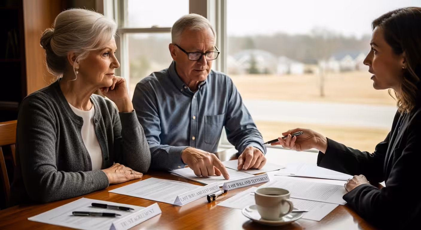 Older couple meeting with estate planning attorney to review retirement documents