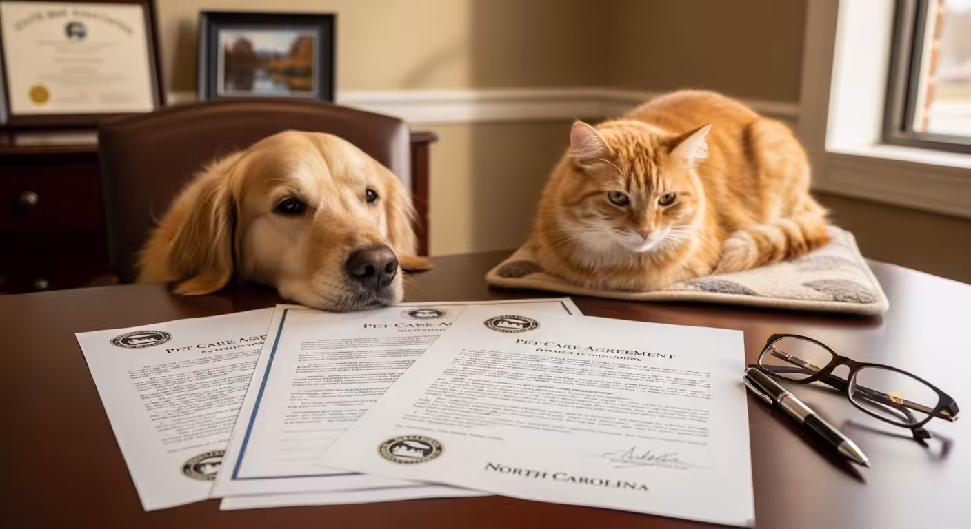 Pet care agreement and NC law documents with golden retriever and orange cat