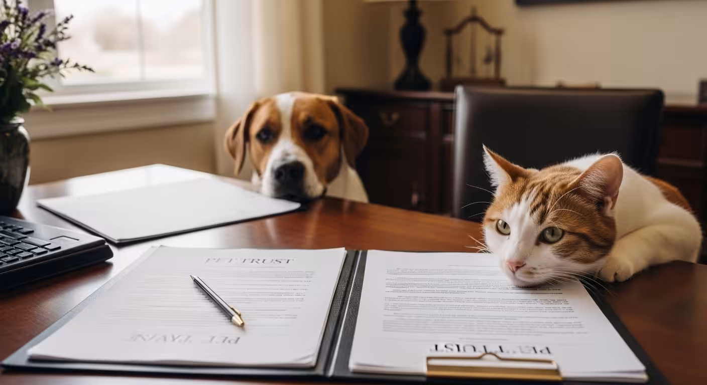 Beagle and cat beside pet trust legal paperwork in NC law office