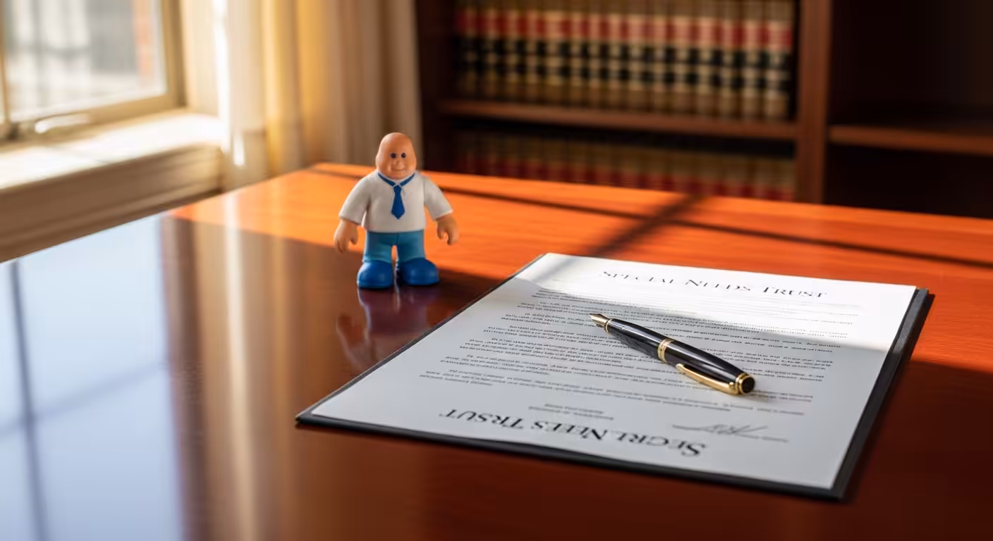 Special needs trust planning documents with warm window light in law office