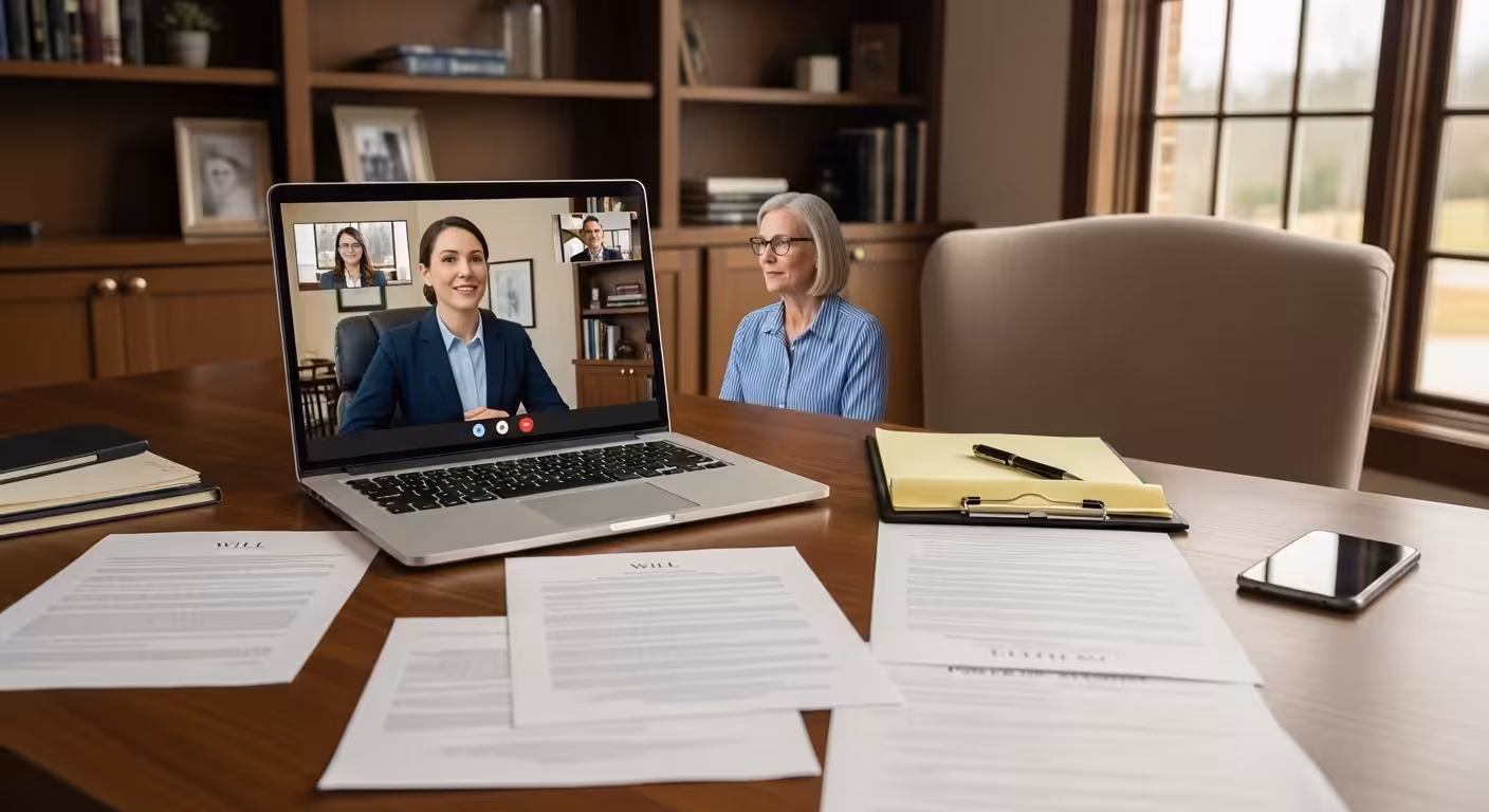 Virtual estate planning consultation with two clients and attorney on laptop screen